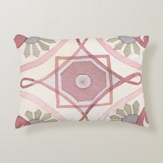 可愛いカラフルレトロ水彩柄ピンクグリーン アクセントクッション (正面)