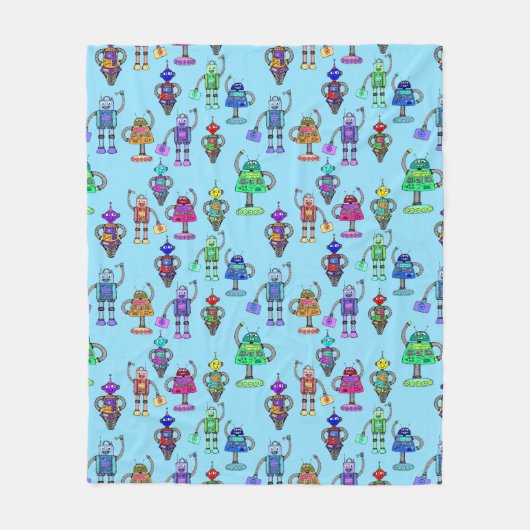 可愛いカラフルロボット フリースブランケット (正面)