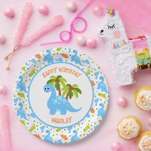 可愛いカラフル恐竜とヤシの木 ペーパープレート (パーティー)