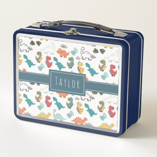 可愛いカラフル恐竜のパターン子供の名前 メタルランチボックス (正面)