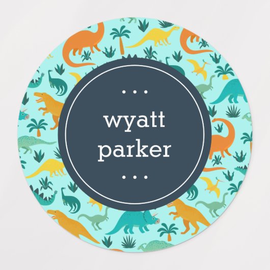 可愛いカラフル恐竜のパターン子供の名前 ラベル (デザイン1)