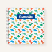 可愛いカラフル恐竜の図解入りの、写真付きの柄 ノートブック (正面)