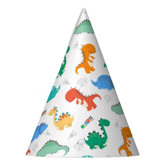 可愛いカラフル恐竜の図解入りの、写真付きの柄 パーティーハット (左)