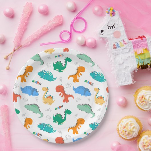 可愛いカラフル恐竜の図解入りの、写真付きの柄 ペーパープレート (パーティー)