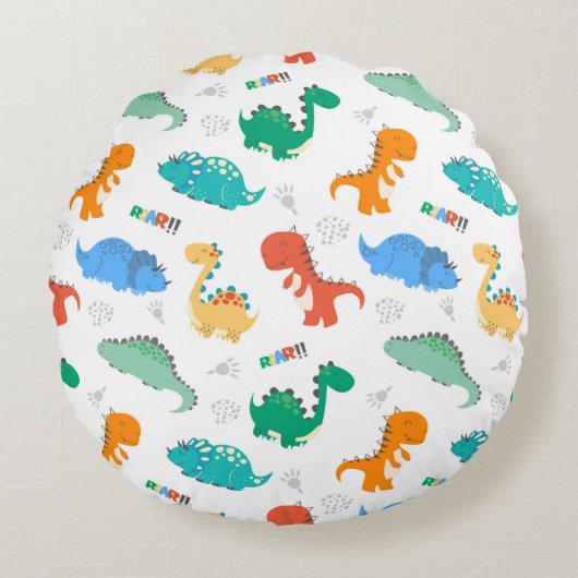 可愛いカラフル恐竜の図解入りの、写真付きの柄 ラウンドクッション (正面)