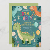 可愛いカラフル恐竜の少年ファースト誕生日 招待状 (正面/裏面)