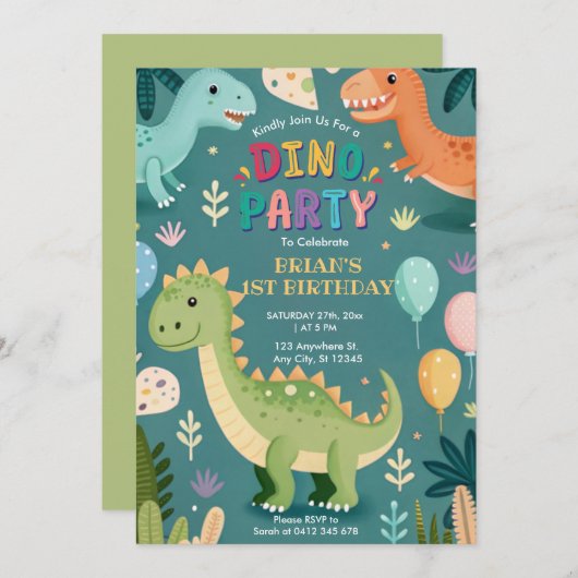 可愛いカラフル恐竜の少年ファースト誕生日 招待状 (正面/裏面)