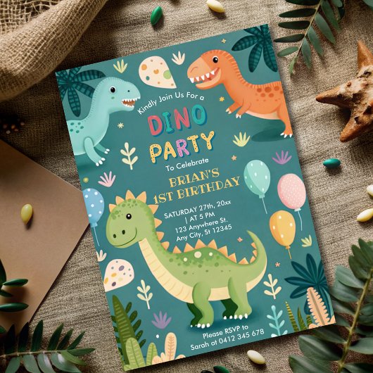 可愛いカラフル恐竜の少年ファースト誕生日 招待状