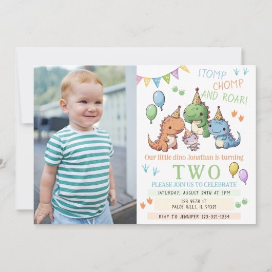 可愛いカラフル恐竜の男の子の誕生日パーティー写真 招待状 (正面)