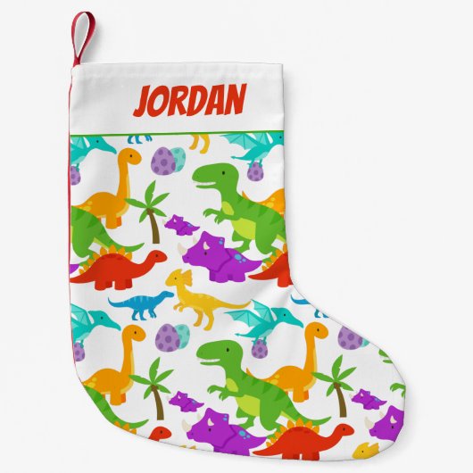 可愛いカラフル恐竜の緑の赤 スモールクリスマスストッキング (正面)