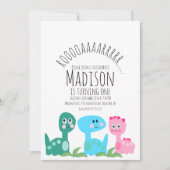 可愛いカラフル恐竜ピンクグリーブルー誕生日 招待状 (正面)