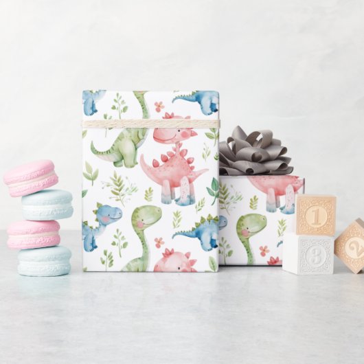 可愛いカラフル恐竜子供の誕生日 ラッピングペーパー (ベビーシャワー)