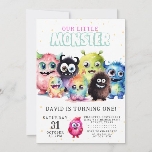 可愛いカラフル我々の小さなモンスター1歳の誕生日 招待状 (正面)
