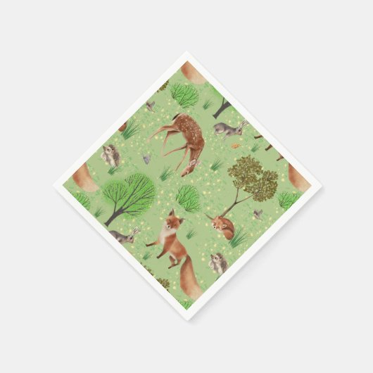 可愛いカラフル森の動物グリーンメドウ スタンダードカクテルナプキン (角)