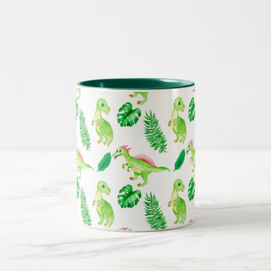 可愛いカラフル水彩模様ジャングル恐竜 ツートーンマグカップ (中央)