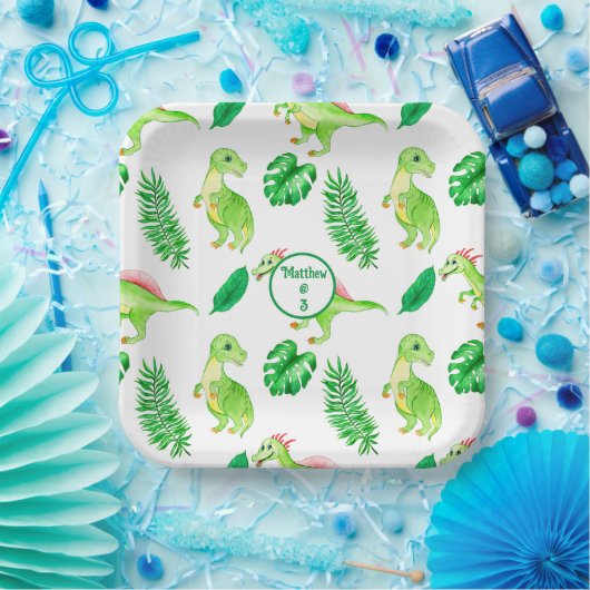 可愛いカラフル水彩模様ジャングル恐竜 ペーパープレート (パーティー)