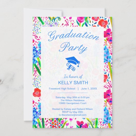 可愛いカラフル水彩花花卒業会 招待状 (正面)