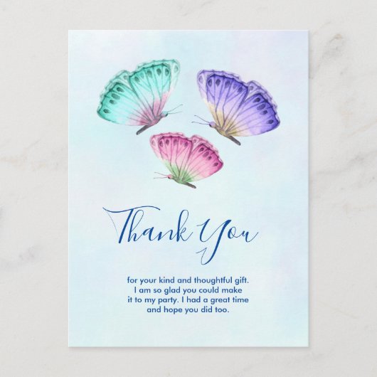 可愛いカラフル水彩蝶ありがとう ポストカード (正面)
