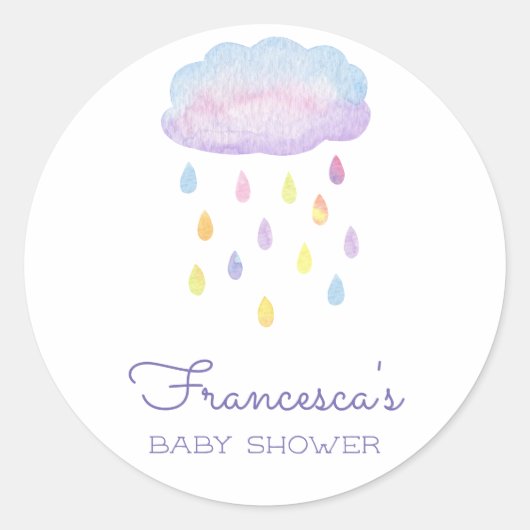 可愛いカラフル水彩雨雲ベビーシャワー ラウンドシール (正面)
