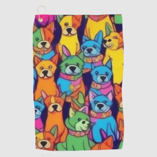 可愛いカラフル犬ハッピードッグ ゴルフタオル (正面)