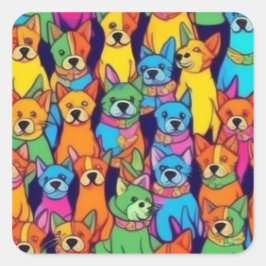 可愛いカラフル犬ハッピードッグ スクエアシール