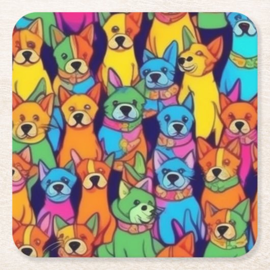 可愛いカラフル犬ハッピードッグ スクエアペーパーコースター (正面)