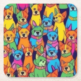 可愛いカラフル犬ハッピードッグ スクエアペーパーコースター