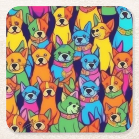 可愛いカラフル犬ハッピードッグ スクエアペーパーコースター (正面)