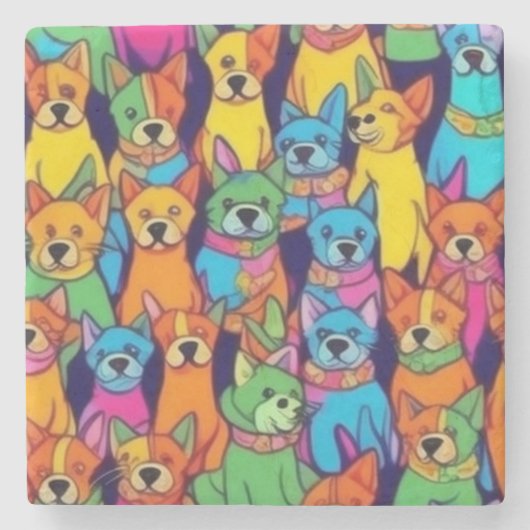 可愛いカラフル犬ハッピードッグ ストーンコースター (正面)