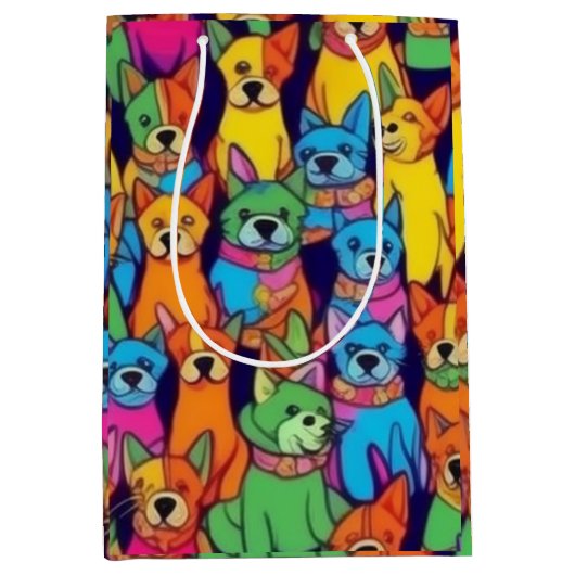 可愛いカラフル犬ハッピードッグ ミディアムペーパーバッグ (正面)