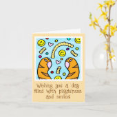 可愛いカラフル猫がフライを描く カード (黄色い花)