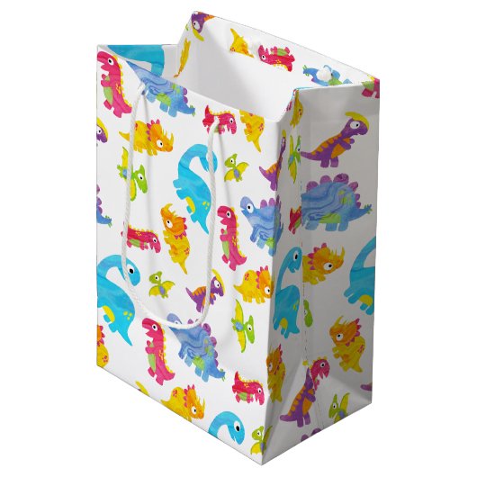 可愛いカラフル白ユニセックスベビー恐竜 ミディアムペーパーバッグ (正面アングル)