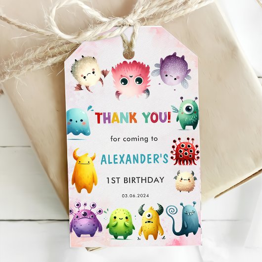 可愛いカラフル私たちの小さなモンスター誕生日パーティー ギフトタグ