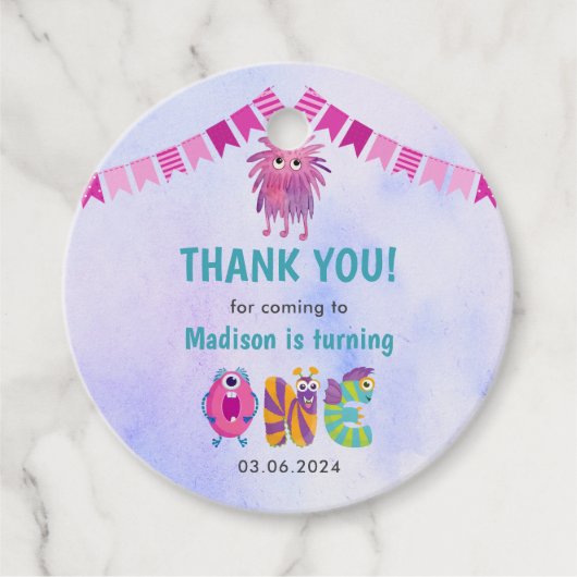 可愛いカラフル私たちの小さなモンスター誕生日パーティー フェイバータグ (正面)