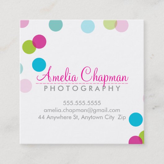 可愛いカラフル紙吹雪はっきりしたスポットピンクのライムグリーン スクエア名刺 (正面)