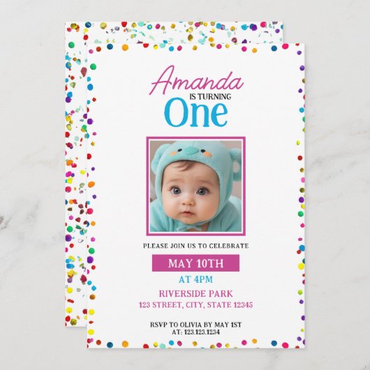 可愛いカラフル紙吹雪写真1歳の誕生日 招待状 (正面/裏面)