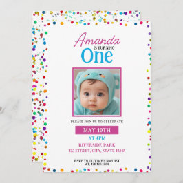可愛いカラフル紙吹雪写真1歳の誕生日 招待状