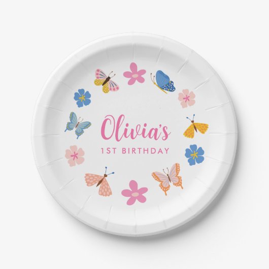 可愛いカラフル蝶の誕生日パーティー ペーパープレート (正面)