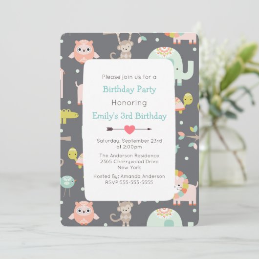 可愛いカラフル野獣バースデーパーティー招待状 招待状 (スタンド正面)