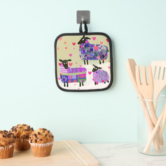 可愛いカラフル陽気な羊とハートオーブンミット 鍋敷き (インサイチュ (吊り下げ))