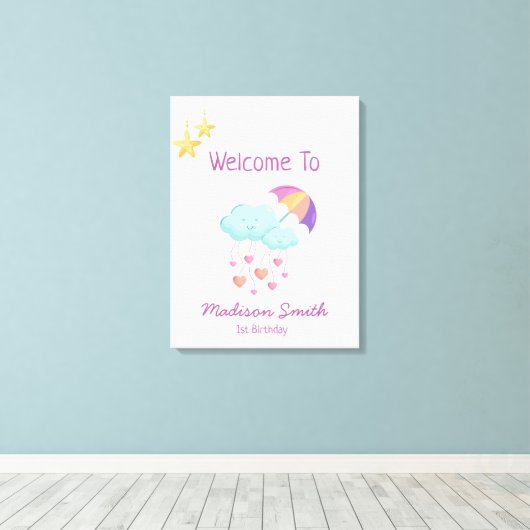 可愛いカラフル雲の傘誕生日カード キャンバスプリント (インサイチュ (ウッドフロア))