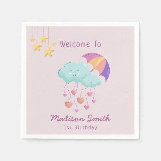 可愛いカラフル雲の傘誕生日カード スタンダードカクテルナプキン (正面)