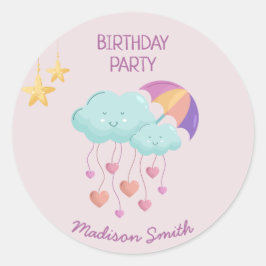 可愛いカラフル雲の傘誕生日カード ラウンドシール