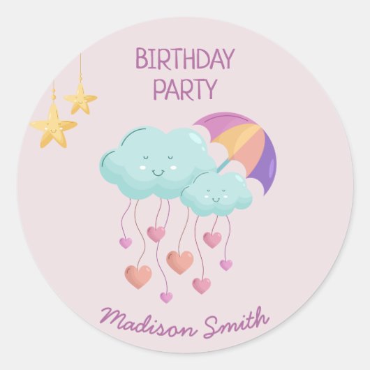 可愛いカラフル雲の傘誕生日カード ラウンドシール (正面)