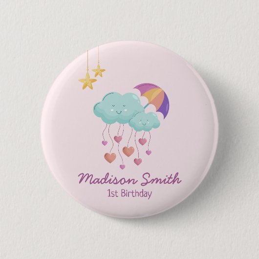可愛いカラフル雲の傘誕生日カード 缶バッジ (正面)