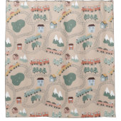 可愛いカラフル電車で子どもたちを追うパターン シャワーカーテン (正面)