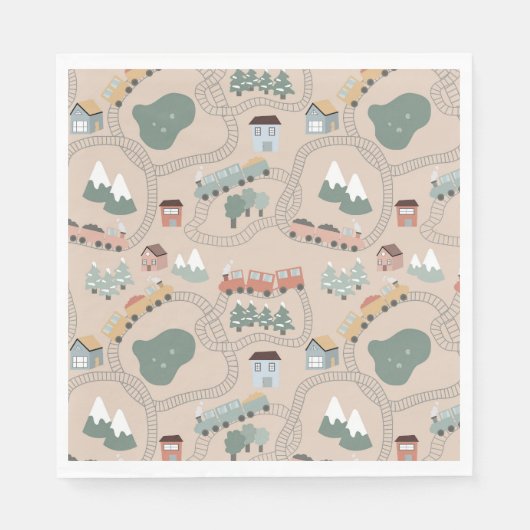 可愛いカラフル電車で子どもたちを追うパターン スタンダードランチョンナプキン (正面)