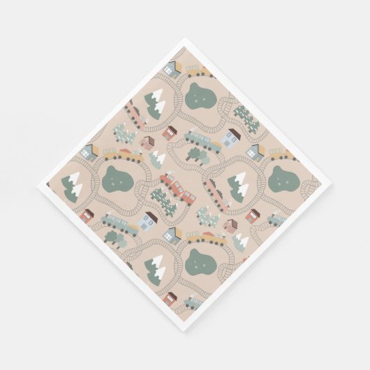 可愛いカラフル電車で子どもたちを追うパターン スタンダードランチョンナプキン (角)