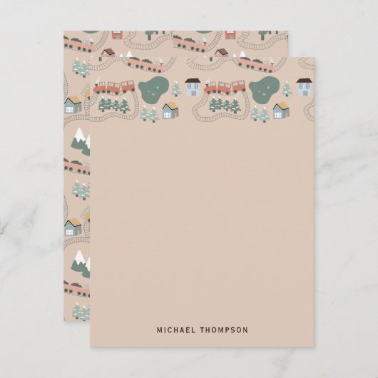 可愛いカラフル電車で子どもたちを追うパターン ノートカード (正面/裏面)