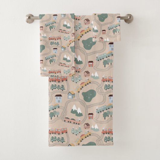 可愛いカラフル電車で子どもたちを追うパターン バスタオルセット (インサイチュ)
